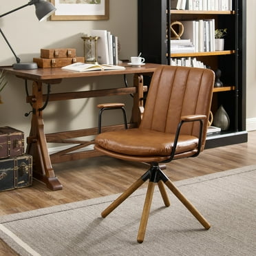 Art Leon Mid-Century Swivel Accent Chair - No Wheels,Upholstered Faux Leather Desk Chair with Oak Wood Legs - Yellow Brown