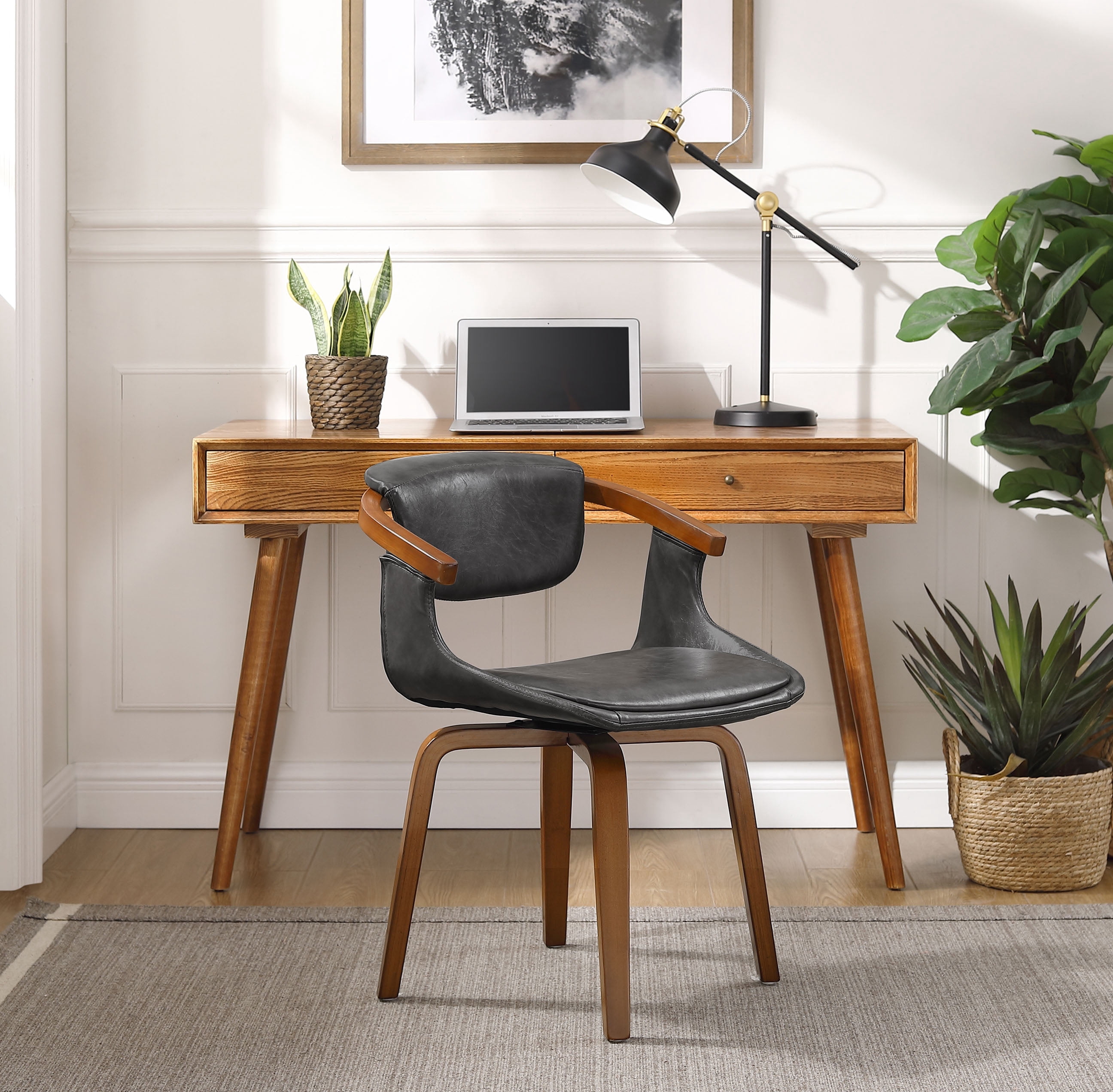Art Leon Office Chair, Faux Leather Swivel Desk Chair with Wood Legs, Gray