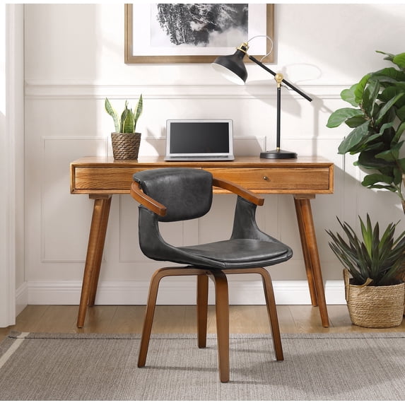 Art Leon Office Chair, Faux Leather Swivel Desk Chair with Wood Legs, Gray