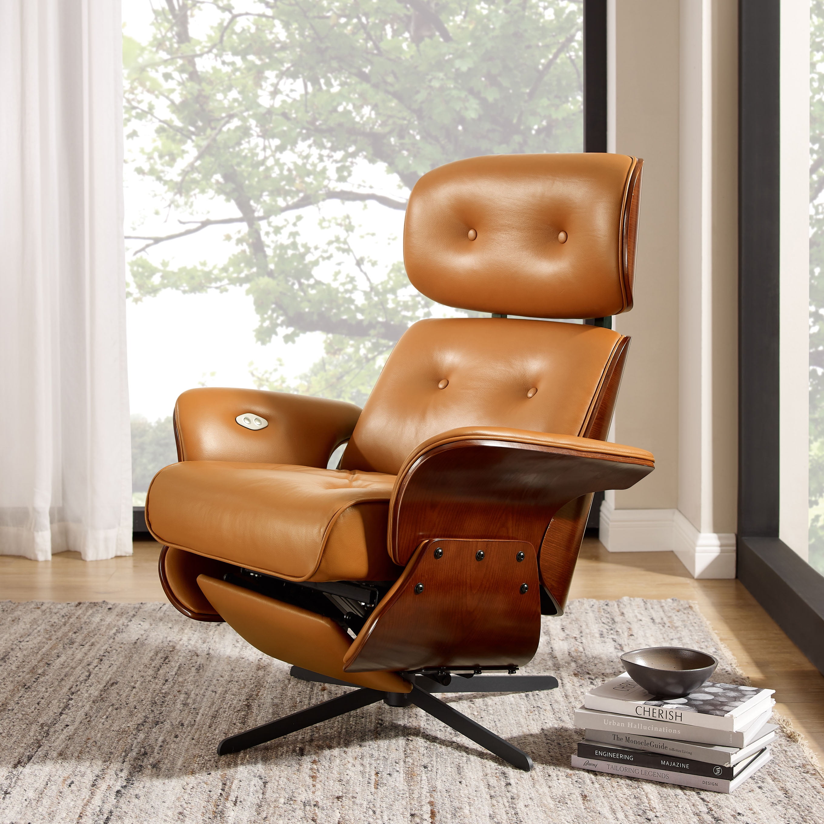 Art Leon Power Recliner Chair Genuine Leather Swivel Deep Upholstered Cushion with Footrest Push Button Electric