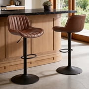 Art Leon Swivel Adjustable Height Bar & Counter Stools Set of 2, Channel Tufted PU Leather, Cognac