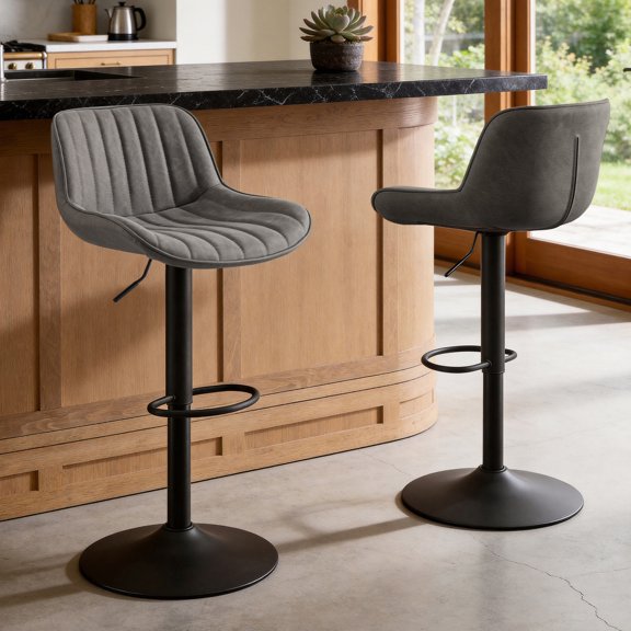 Art Leon Rustic Bar Stools Set of 2, Faux Leather with Backrest Chrome Legs, Upholstered Swivel Kitchen Stools, Gray