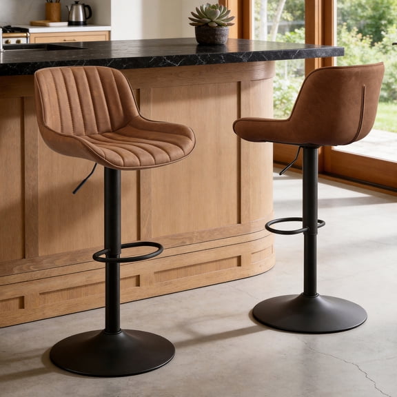 Art Leon Rustic Bar Stools Set of 2, Faux Leather with Backrest Chrome Legs, Upholstered Swivel Kitchen Stools, Yellow Brown