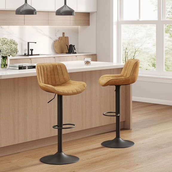 Art Leon Rustic Bar Stools Set of 2, Faux Leather with Backrest Chrome Legs, Upholstered Swivel Kitchen Stools, Yellow