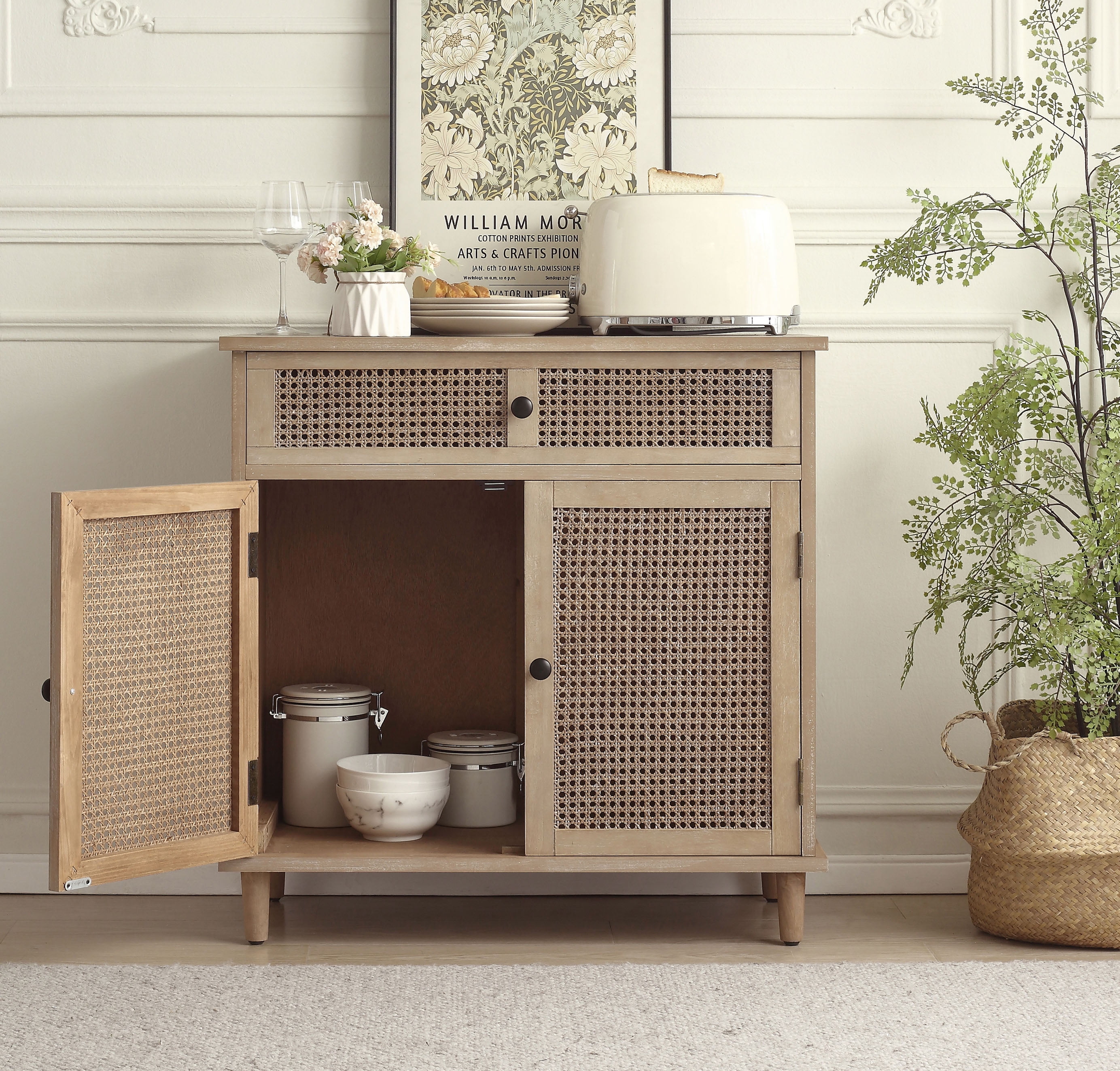 Gray Bamboo and Rattan Wicker Office Cabinet with Drawer