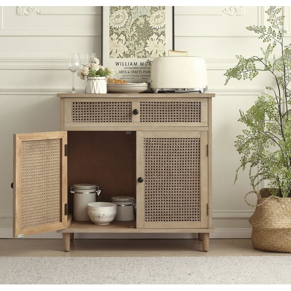 Art Leon Rustic Storage Cabinet with 2-Door&1Drawers Rattan Decoration Wood Finish,Oak Kitchen Console Table,Gray