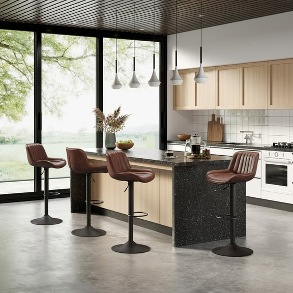 Art Leon Set of 4 Barstool Chair Faux Leather Height Adjustable Chrome Legs Dark Cognac