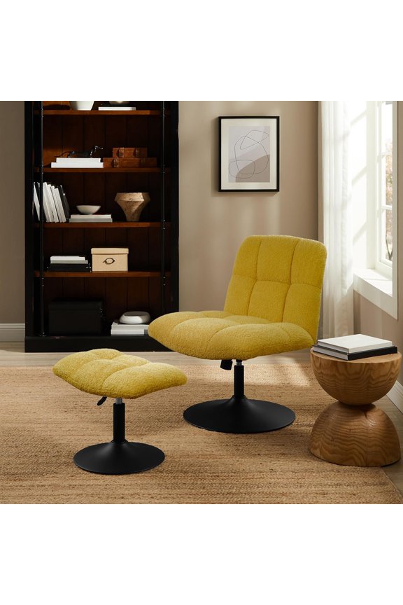 Art Leon Swivel Desk Chair with Footstool, Armless Office Desk Chair No Wheels, Modern Adjustable Backrest and Seat Height Swivel, Metal Base Computer Task Vanity Chair, Yellow