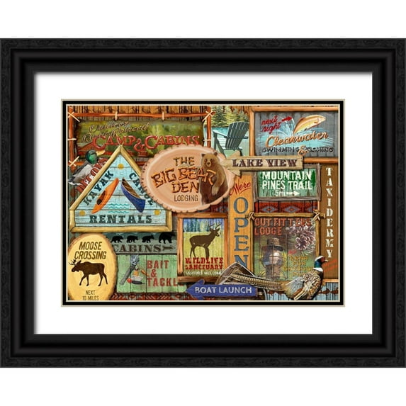 Art Licensing Studio 14x11 Black Ornate Wood Framed with Double Matting Museum Art Print Titled - Lodge Sign Collage