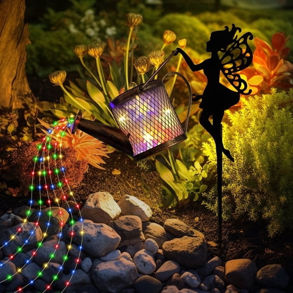 GLUAAE Solar LED Garden Lights Outdoor Decor – Watering Can Stake Light with Built-in String Lights, Waterproof IP55, Decorative Yard & Pathway Lighting for Lawn, Patio, Backyard (Multicolor)
