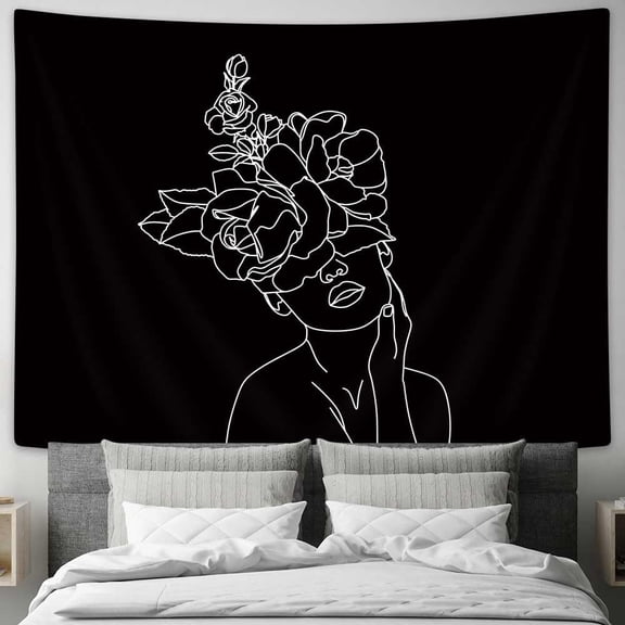 Art Line Aesthetic Tapestry, Black Minimalist Lines Wall Tapestry Simple Women with Flower Art Tapestry, Abstract Woman Face Tapestry For Bedroom Living Room Home Decor 40X30 Inch