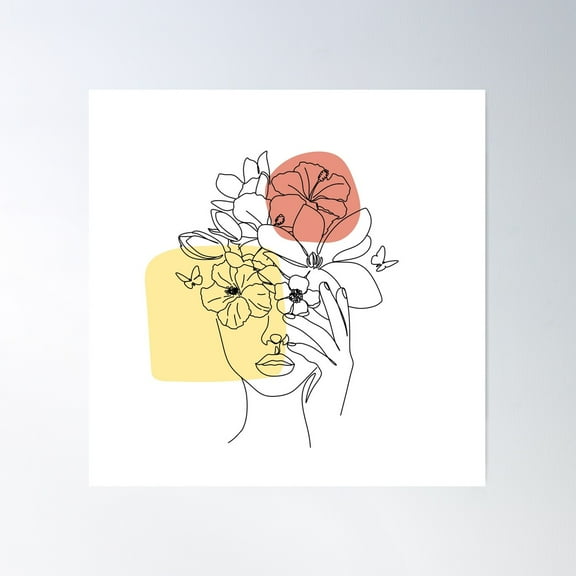 Art Line Woman With Flowers From Her Head Poster Wall Art, Modern Wall Decor For Living Room Bedroom, 30x30 UNFRAMED