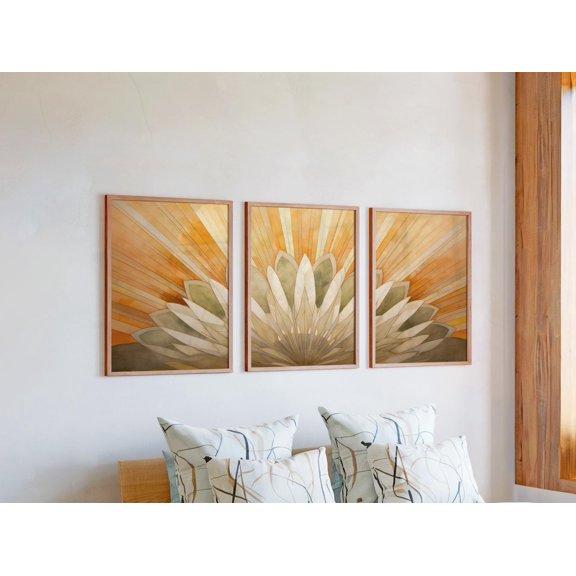Art Lover Geometric Sunburst Triptych Warm Boho Radial Gallery Set For Creative Space Decorative Wall Art Poster, , Poster Only