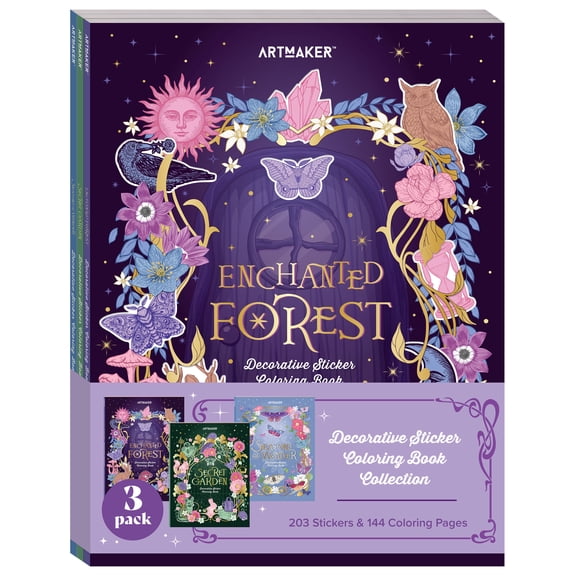 Art Maker Decorative Sticker Coloring Book Set - Enchanted Forest, Secret Garden, Seasons of Wonder
