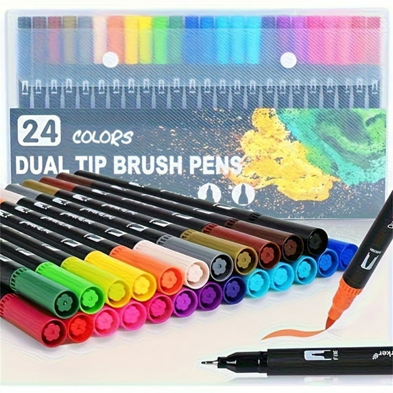 Art Markers Brush Pen,TGY Markers for Adult Coloring Books,24 Colored Brush Tips & Colored Fine Point Pen Set for Lettering Writing Coloring Drawing
