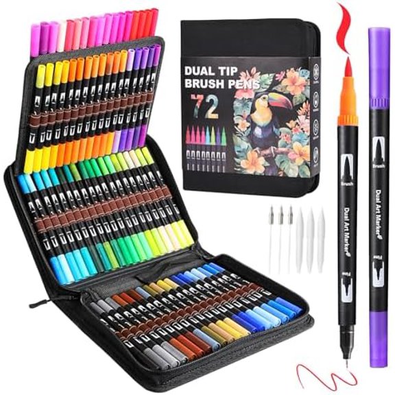Art Markers Pens Dual Tip Coloring Markers Set with Brush & Fine Nib for Adult Coloring Book Christmas Gifts Professional Calligraphy & Drawing Art Supplies Kit for Adults (72 Colors)