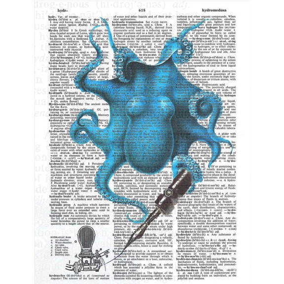 Art N Wordz Alfred Inked Blue Octopus Original Dictionary Sheet Pop Art Wall or Desk Art Print Poster