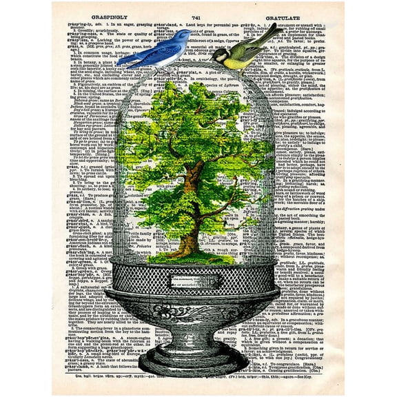 art n wordz bonsai tree under glass original dictionary sheet pop art wall or desk art print poster