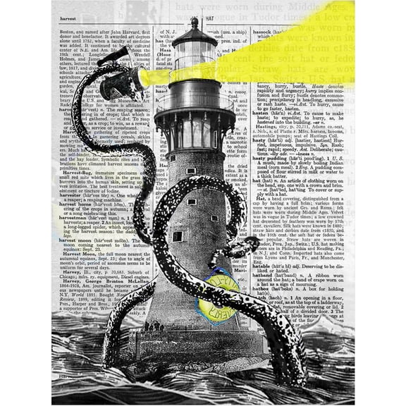 art n wordz lighthouse kraken octopus original dictionary sheet pop art wall or desk art print poster