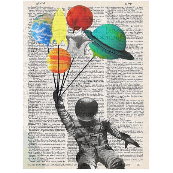 Art N Wordz Major Tom Astronaut Planets Balloon Bouquet Original Dictionary Sheet Pop Art Wall or Desk Art Print Poster
