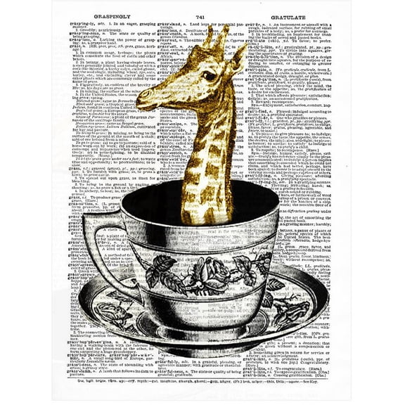 Art N Wordz Teacup Giraffe Original Dictionary Sheet Pop Art Wall or Desk Art Print Poster