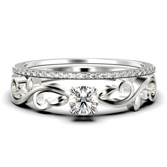 Art Nouvea Twisted 1.00 Carat Round Cut Diamond Moissanite Engagement Ring, Antique Design Wedding Ring in 925 Sterling Silver With 18k White Gold Plating, Bridal Set, Matching Band