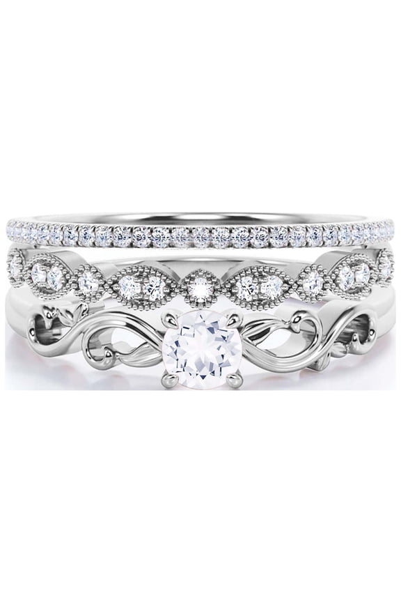 Art Nouvea Twisted 1.50 Carat Round Cut Diamond Moissanite Engagement Ring, Antique Design Wedding Ring in 925 Sterling Silver With 18k White Gold Plating, Gift For Her, Trio Set, Matching Band