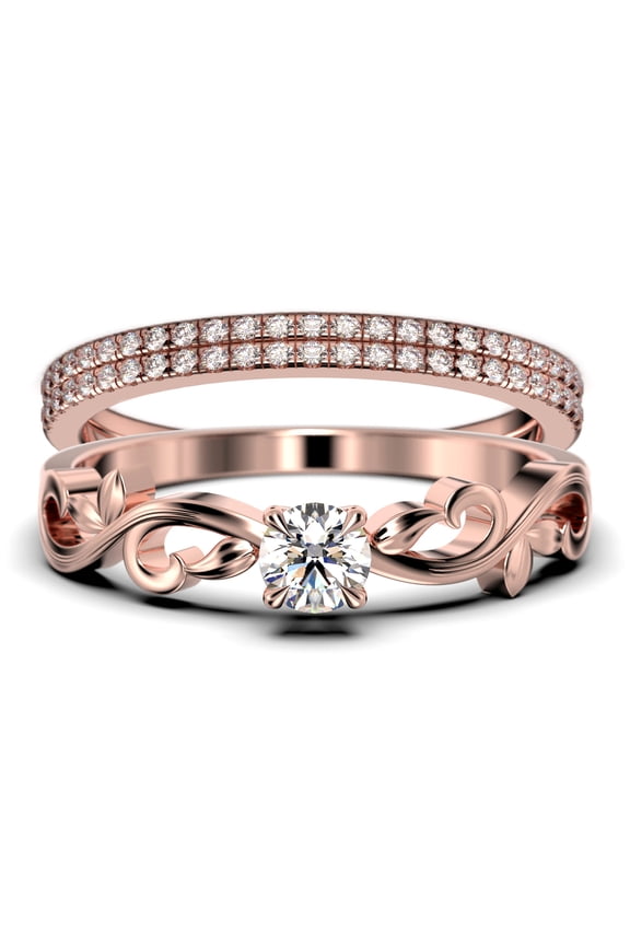 Art Nouvea Twisted 1.50 Carat Round Cut Diamond Moissanite Engagement Ring, Antique Design Wedding Ring in 925 Sterling Silver With 18k Rose Gold Plating, Trio Set, Matching Band