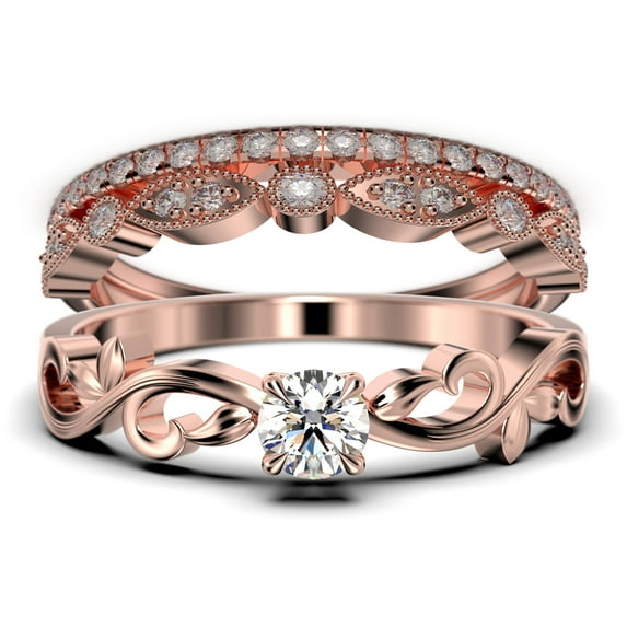 Art Nouvea Twisted 1.50 Carat Round Cut Diamond Moissanite Engagement Ring, Antique Design Wedding Ring In 925 Sterling Silver With 18K Rose Gold Plating, Trio Set, Matching Band