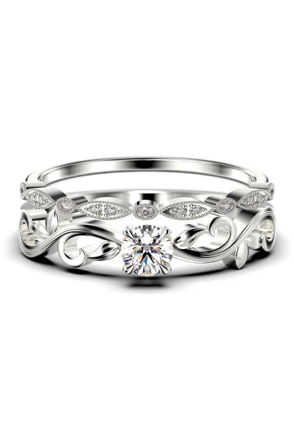 Art Nouvea Vintage Twisted Salt And Pepper 1.00 Carat Round Cut Diamond Moissanite Engagement Ring, Antique Design Wedding Ring in10k Solid White Gold, Bridal Set, Matching Band