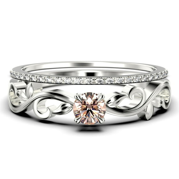 Art Nouvea Vintage Twisted Salt And Pepper 1.00 Carat Round Cut Morganite And Diamond Moissanite Engagement Ring, Antique Design Wedding Ring in10k Solid White Gold, Bridal Set, Matching Band