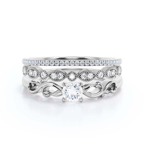 Art Nouvea Vintage Twisted Salt And Pepper 1.50 Carat Round Cut Diamond Moissanite Engagement Ring, Antique Design Wedding Ring In10K Solid White Gold, Gift For Her, Trio Set, Matching Band