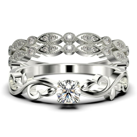 Art Nouvea Vintage Twisted Salt And Pepper 1.50 Carat Round Cut Diamond Moissanite Engagement Ring, Antique Design Wedding Ring in10k Solid White Gold, Trio Set, Matching Band