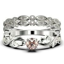 Art Nouvea Vintage Twisted Salt And Pepper 1.50 Carat Round Cut Morganite And Diamond Moissanite Engagement Ring, Antique Design Wedding Ring in10k Solid White Gold, Trio Set, Matching Band