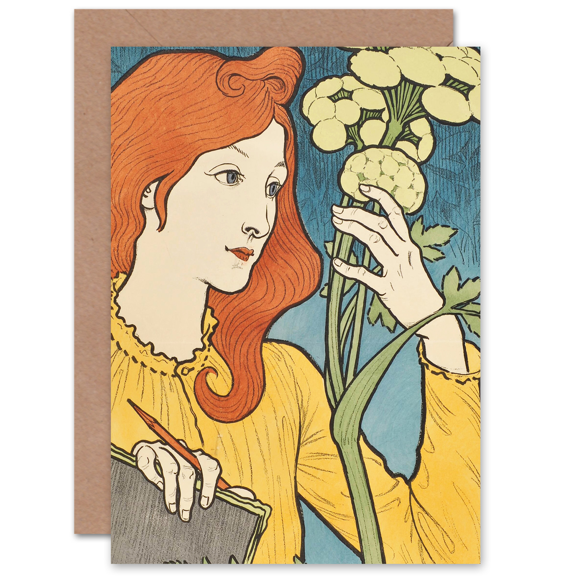 Biglietto Auguri Artery8: Gatto E Fiori In Stile Art Nouveau, Per Moglie/mamma/nonna, 17,5x12,5 Cm, Interno Bianco