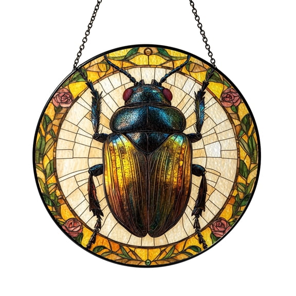 Art Nouveau Beetle Stained Glass Style Suncatcher Window Hanging, Decorative Insect Round Glass Art Panel, Vintage Inspired Window