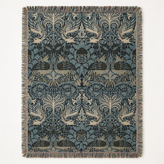 Art Nouveau Botanical Woven Cotton Throw Blanket | Jacquard Weave with Fringe | 3 Sizes