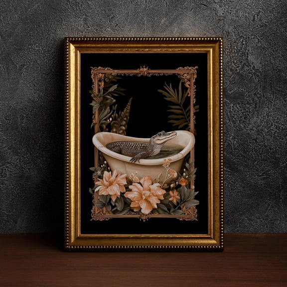 Art Nouveau Crocodile Bath Art,Vintage Exhibition Poster,Bathroom Decor Poster,Floral Alligator In Bath,Alligator Lover Gift Idea, 16x24 UNFRAMED