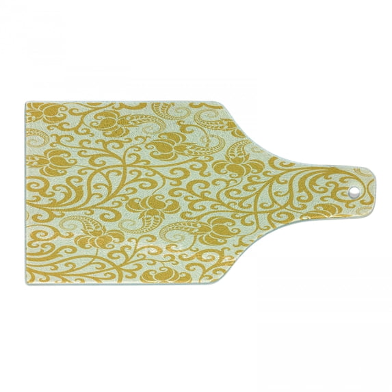 Art Nouveau Cutting Board, Rococo Style Curved Spring Blooms Branches Leaves Boho, Decorative Tempered Glass Cutting and Serving Board, Wine Bottle Shape, Pale Yellow Earth Yellow, by Ambesonne
