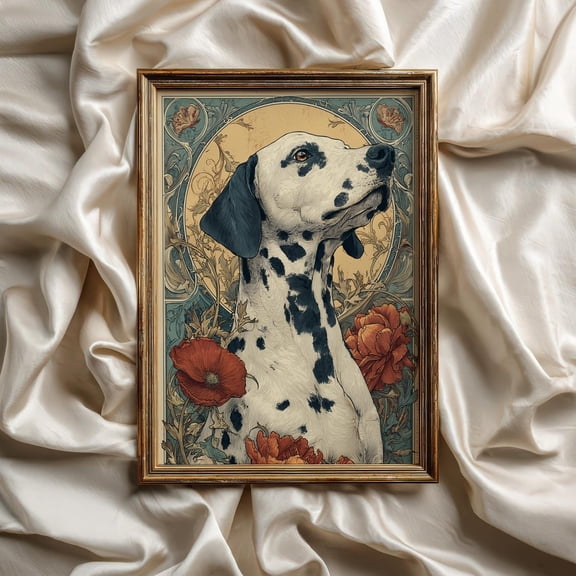 Art Nouveau Dalmatian Print Mucha Style Floral Poster, Unframed Paper Poster 8x10in