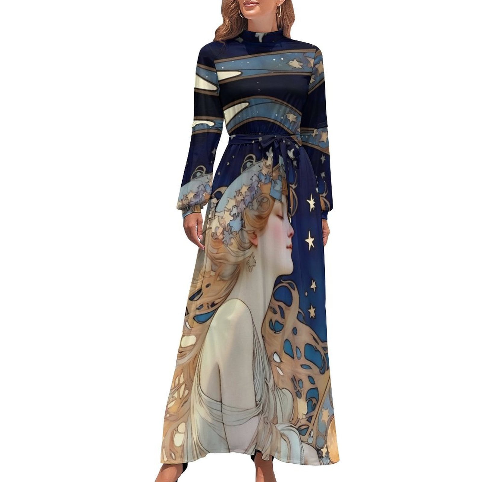 Art Nouveau Dress Long Sleeve Retro Floral Maxi Dress High Neck Streetwear  Custom Beach Long Dresses Gift Idea - Walmart.com