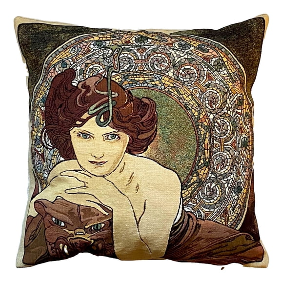 Art Nouveau Emerald Woman Portrait Woven Decorative Pillow, 17 x 18 in, Double Sided with Poly Fill for Lounge Decor