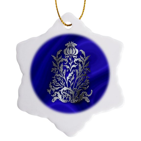 3drose, Art Nouveau Floral Element in Silver Effect over Blue Velvet, 3 inch Snowflake Porcelain Ornament