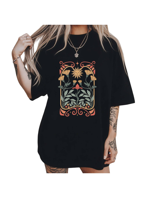 Art Nouveau Floral Graphic Tees Black S-5XL Boho Outfit Shirts Print Tshirt Tops