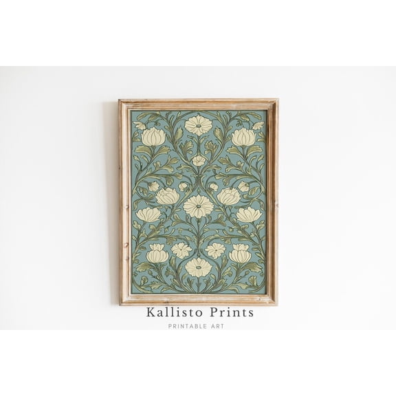 Art Nouveau Floral Wall Art, Vintage Botanical , Blue and Cream Print Poster Decor, Elegant Pattern 540, Size 8x12 UNFFRAMED F03.1.6l2455