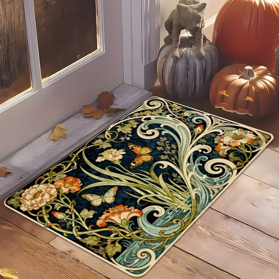 Art Nouveau Flower Butterfly Soft Flannel Non-Slip Door Mat, Water ...