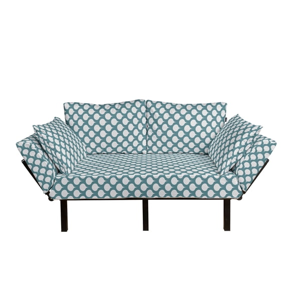 Art Nouveau Futon Couch, Retro Style Abstract Pattern with Curves Simplistic Symmetic Tile Design, Daybed with Metal Frame Upholstered Sofa for Living Dorm, Loveseat, Teal and White, by Ambesonne