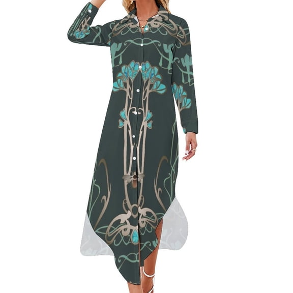Art Nouveau Garden with Bee Long Sleeved Shirt Dress Long veiled dresses Women's long dress