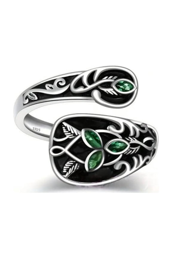 Art Nouveau Green Stone Adjustable Ring Plant Leaf Spoon Designs