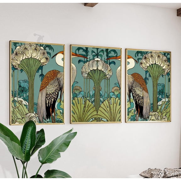 Art Nouveau Heron Print Set Teal & Gold Botanical Artwork Set 3
